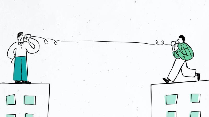 Drawing of two people using a tin can telephone to communicate